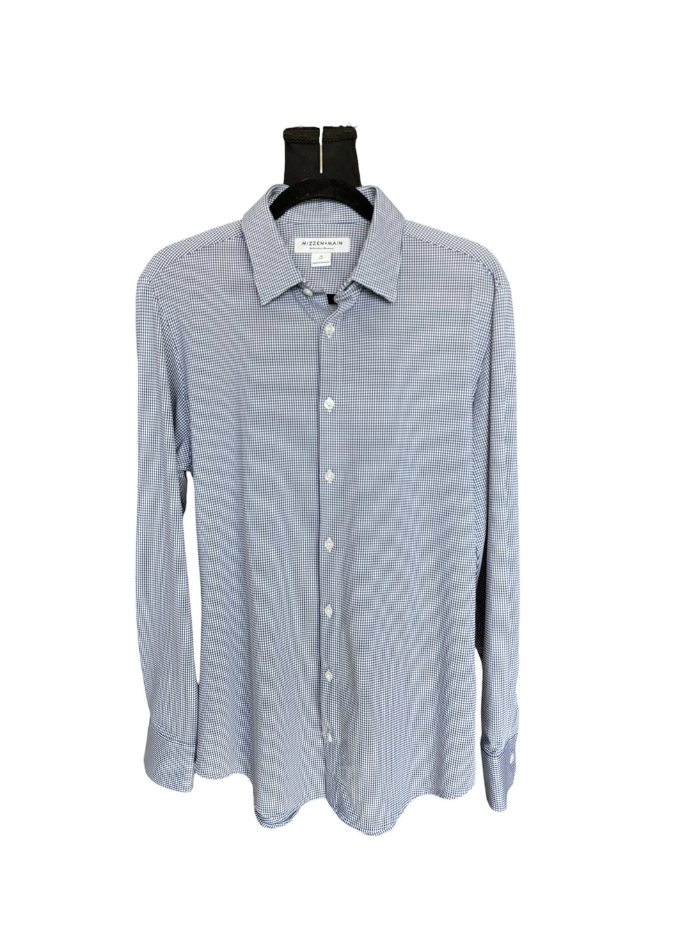 Mizzen+Main Blue Check Performance Dress Shirt M Trim Stretch Wrinkle Free